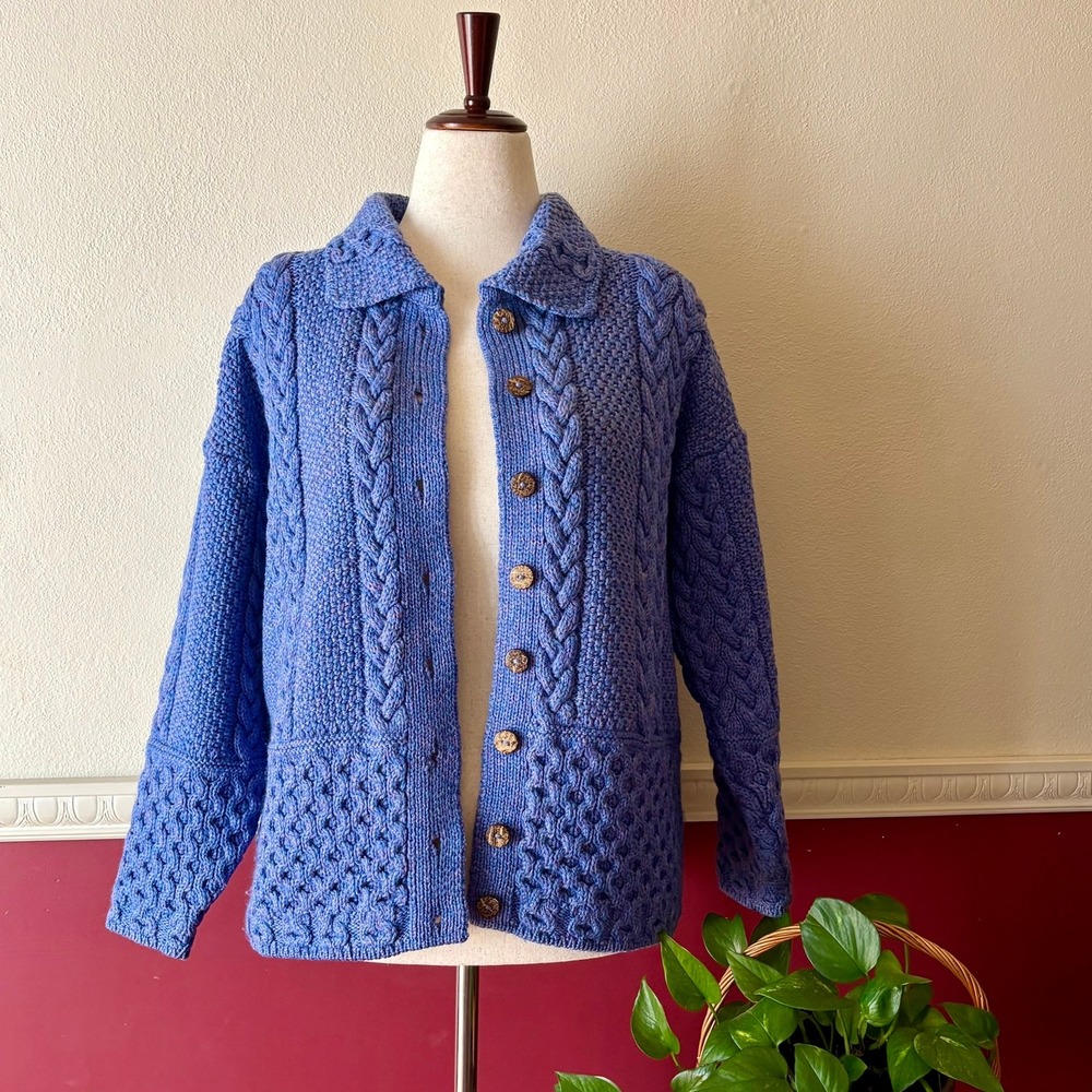 Vintage Honeycomb Aran Wool Cardigan XL Sweaters of Ireland Periwinkle Fisherman
